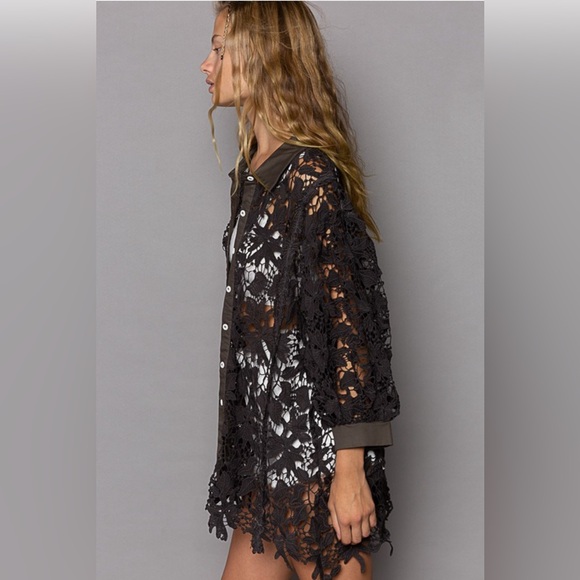 #130 4th of July Sale! POL Lace Crochet Balloon Sleeve button down shirt - Picture 3 of 7